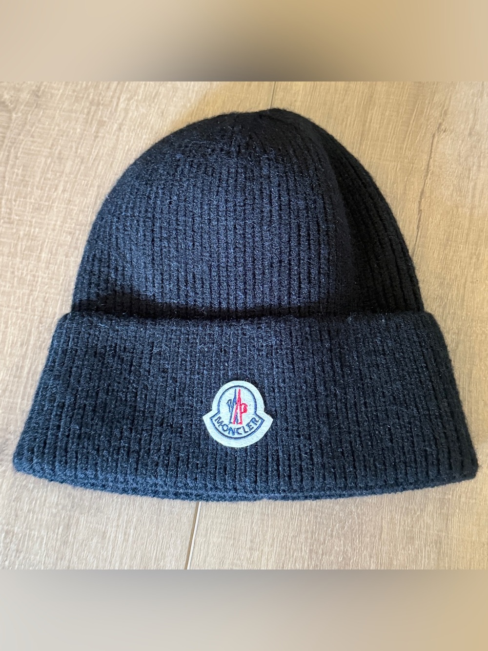 Moncler Black Wool Knit Ribbed Beanie Hat Logo Stretch Unisex Designer Ski